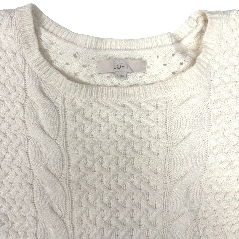 LOFT Cable Knit Sweater Cream Wool Rabbit Hair Blend Womens M 3/4 Length Sleeve
